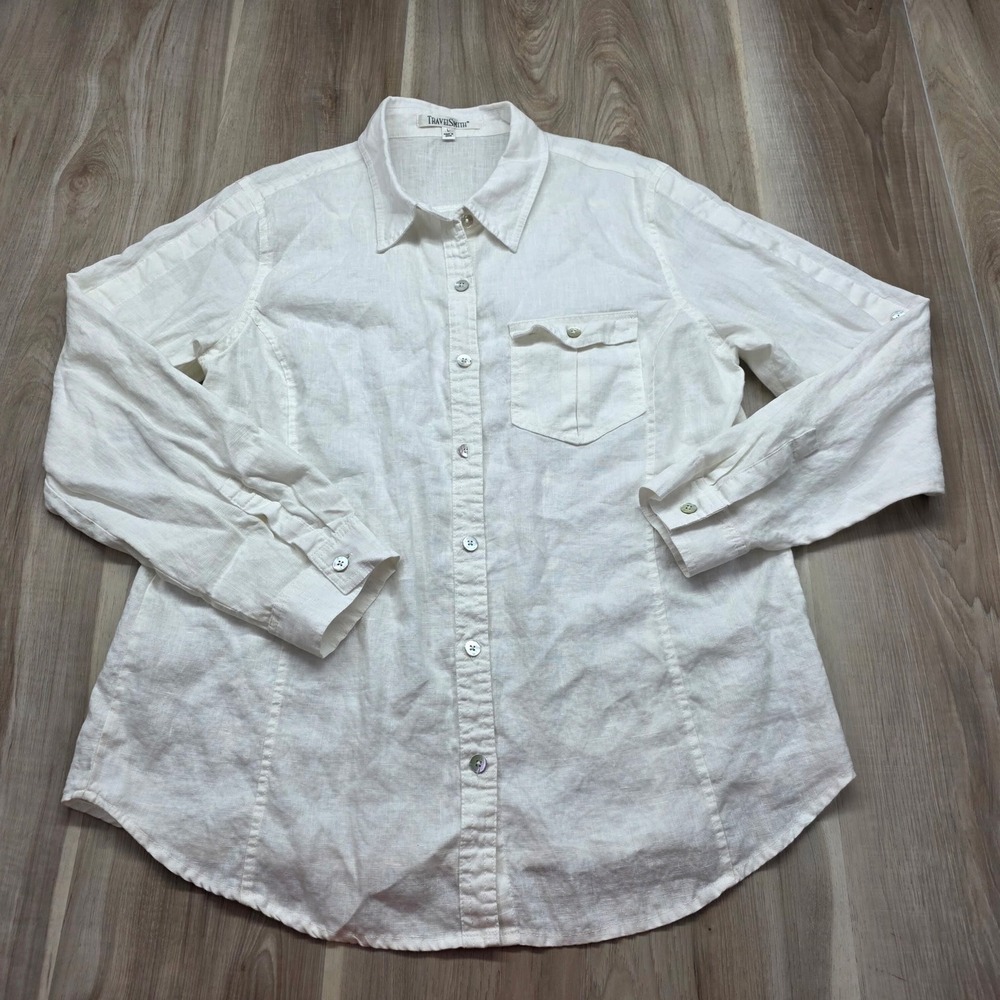 TravelSmith 100% Linen Shirt Button Up Long Sleeve White Large Womens Travel Top